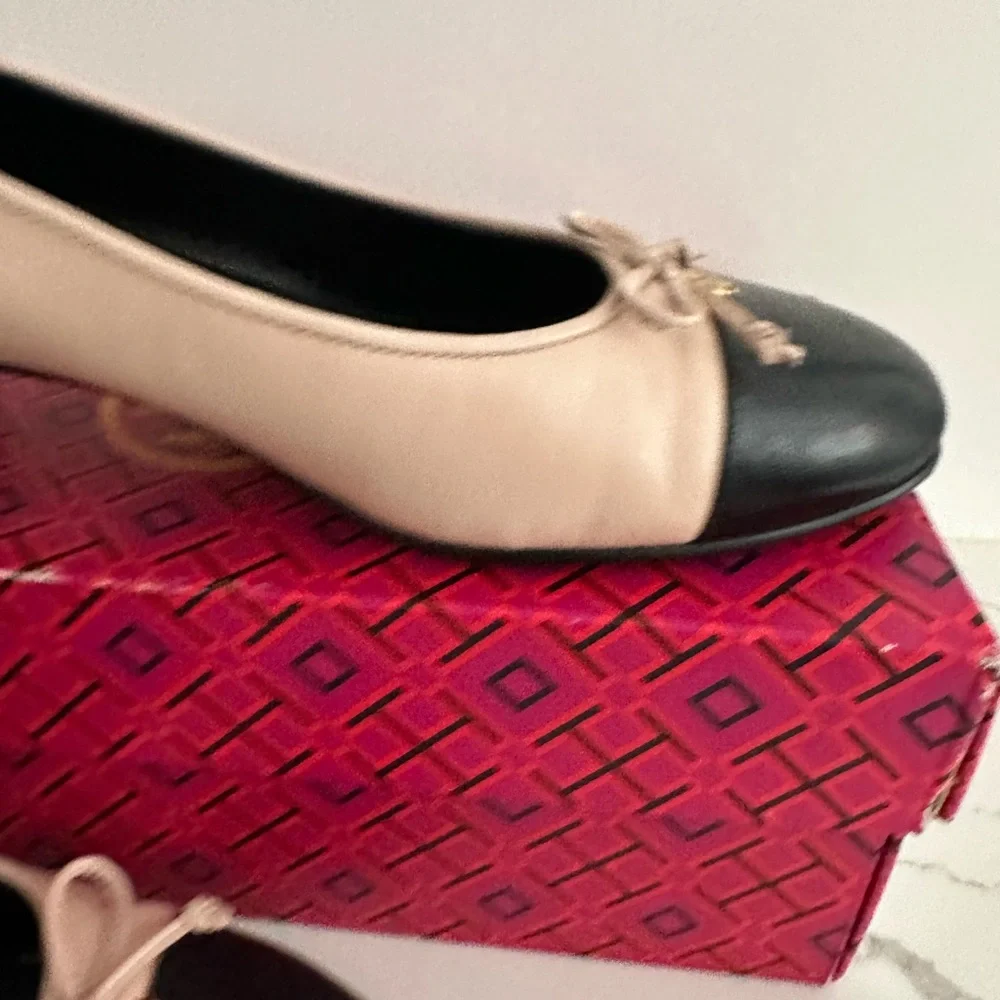 Tory Burch Two-Tone Blush Pink and Black Block Heel Flats